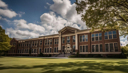 A large brick building with a green lawn and white columns on a sunny dayの写真素材