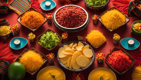 A colorful and vibrant spread of Indian snack food, featuring various dishes arranged in bowls on a red background.の写真素材