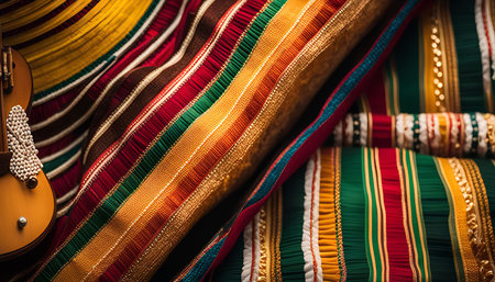 A close-up of a colorful fabric with gold accents. The fabric is striped and has a rich, luxurious feel. The details are intricate and beautiful.の写真素材