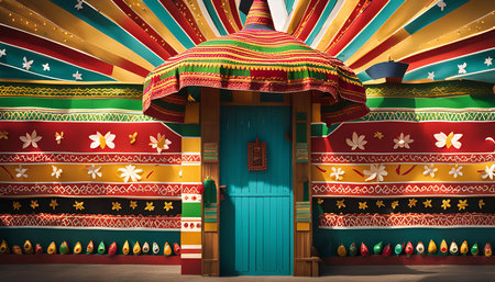 A close-up of a colorful doorway with intricate patterns and decorations. The vibrant colors and traditional designs create a visually appealing and festive atmosphere.の写真素材