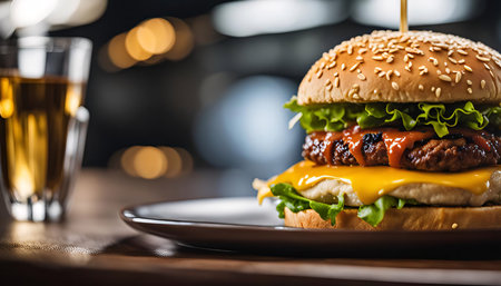 A mouthwatering cheeseburger with a beef patty, melted cheese, lettuce, tomato and a ketchup sauce on a sesame seed bun served on a plate. The burger is perfectly cooked and juicy.の写真素材