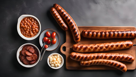 A close-up shot of a wooden board with grilled sausages, surrounded by bowls of baked beans, cherry tomatoes, and cheese. The sausages are arranged neatly on the board, and the sides are all ready for a barbecue meal.の写真素材