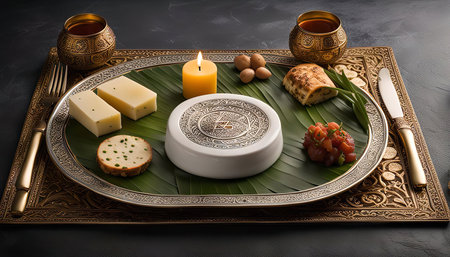 A beautifully arranged dinner setting with a candle, cheese, and other appetizers on a silver plate, creating an elegant and inviting ambiance.の写真素材