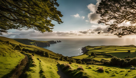 A breathtaking panoramic view of a coastal landscape, featuring rolling green fields, a meandering path, and a dramatic coastline with the ocean in the distance. The image captures a sense of tranquility and natural beauty.の写真素材