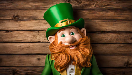 A cheerful Leprechaun with a green hat is smiling against a wooden background. The background texture and color contrast nicely with the leprechaun's vibrant green and gold clothing.の写真素材