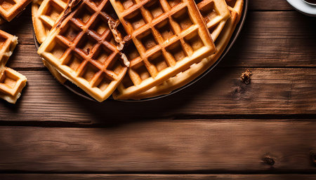 A close up image of freshly baked waffles arranged on a plate, sitting on a rustic wooden surface. The waffles have a crispy texture and golden brown color, making them look appetizing and inviting.の写真素材
