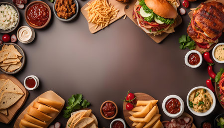 A delectable food platter with burgers, fries, sauces, and other snacks. It's a perfect spread for a party or casual get-together.の写真素材