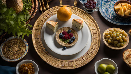 A beautifully set table featuring intricately gold-rimmed plates and bowls, showcasing a selection of delicious treats like cheese, grapes, berries and lemon. The rich golden accents and elegant tableware create a luxurious and inviting atmosphere.の写真素材