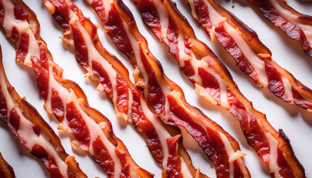 A close-up shot of crispy bacon strips on a white surface, showing their delicious and salty textureの写真素材