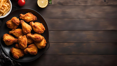 A plate of crispy fried chicken legs on a wooden table.の写真素材