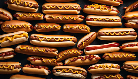 A close-up shot of a variety of hot dogs topped with mustard and various toppings, laid out on a dark backgroundの写真素材