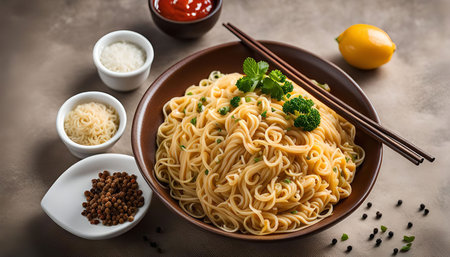 A plate of noodles garnished with fresh parsley and broccoli.の写真素材