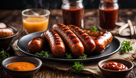 A close-up shot of grilled sausages on a plate, garnished with fresh parsley. There are bowls of sauce and mustard on the side, suggesting a delicious meal.の写真素材