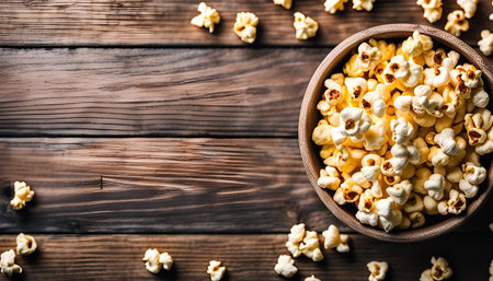 A bowl of popcorn on a rustic wooden table. The popcorn is fluffy and golden, and the bowl is made of natural wood. The image is taken from a top-down perspective and has a rustic and warm feeling.の写真素材