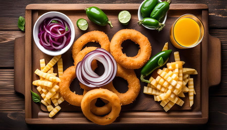 A close-up of a wooden tray with onion rings, fries, jalapenos, and red onions. There is also a glass of orange juice on the tray. This is a delicious and easy meal to prepare!の写真素材