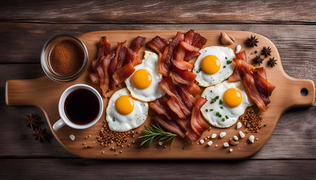 A delicious breakfast spread of fried eggs and crispy bacon arranged on a wooden cutting board, ready to be enjoyedの写真素材