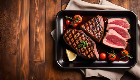 A close-up view of a grilled steak with cherry tomatoes and lemon. The steak has a nice sear and grill marks, and is arranged with the cherry tomatoes in a black tray. The steak and tomatoes are on a light wooden surface. The image is well-lit and high-quality.の写真素材