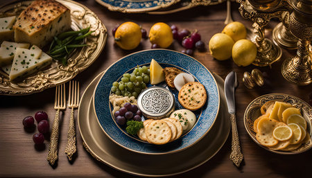 A beautifully arranged table setting featuring elegant plates, ornate silverware, and an array of delectable appetizers. The centerpiece is a cheese platter with crackers, grapes, and lemons, all presented with exquisite taste and attention to detail.の写真素材