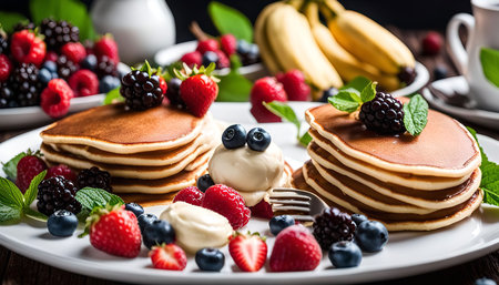 A beautiful plate of pancakes topped with fresh berries, whipped cream, and mint leaves. The pancakes are golden brown and fluffy, and the berries are bright and juicy. The plate is set on a wooden table, and there is a cup of coffee in the background.の写真素材