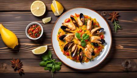 A plate of seafood paella with chicken, mussels, tomatoes, and lemon garnish, on a wooden table with additional garnishesの写真素材