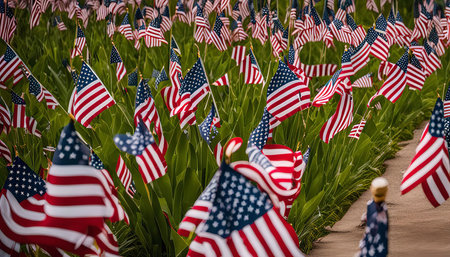 A field of American flags waving in the wind, showing pride and patriotism for the United States.の写真素材