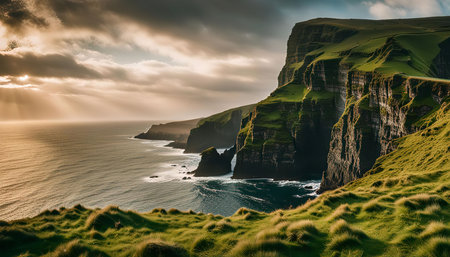 A breathtaking view of dramatic cliffs overlooking the ocean. The scene is bathed in the soft light of a setting sun, casting a warm glow on the rugged landscape.の写真素材