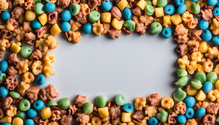 Close up of colorful cereal forming a frame on a light gray background.の写真素材