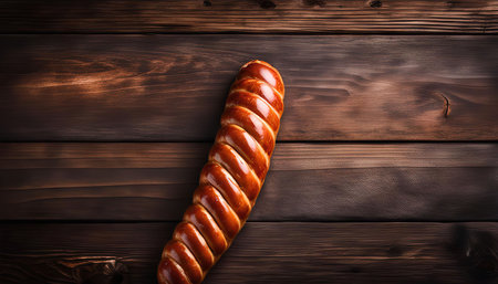 A freshly baked loaf of bread sits on a rustic wooden table, ready to be enjoyed.の写真素材