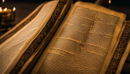 Close-up image of an ancient manuscript with intricate detail. The pages are filled with old writing, and the book is adorned with intricate gold ornamentationの写真素材