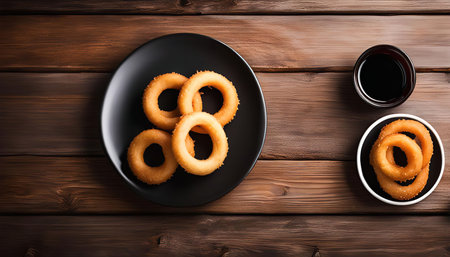 A plate of crispy onion rings served on a black plate with a dipping sauce.の写真素材
