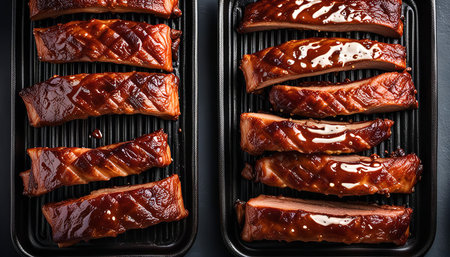 Close up of a plate of delicious grilled pork ribs coated with a sticky, sweet barbecue sauceの写真素材