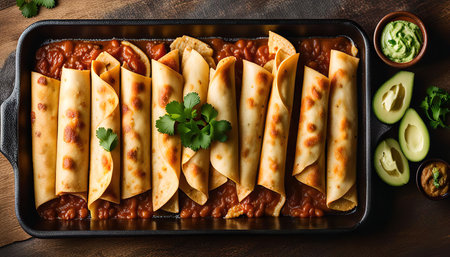 A close-up photo of a classic Mexican dish, Enchiladas. They are filled with cheese and chili, covered in a red tomato sauce and garnished with cilantro, guacamole and avocado slices.の写真素材