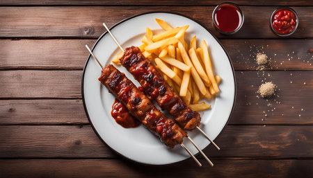 A plate of barbecue skewers with french fries, sauce on wooden table.の写真素材