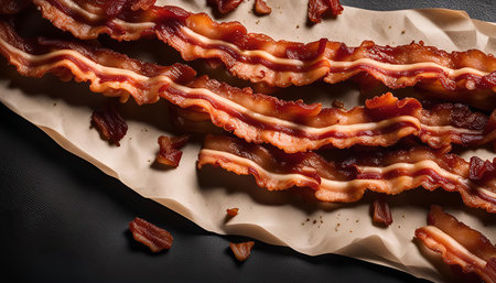 A close-up shot of crispy bacon strips on parchment paper.の写真素材
