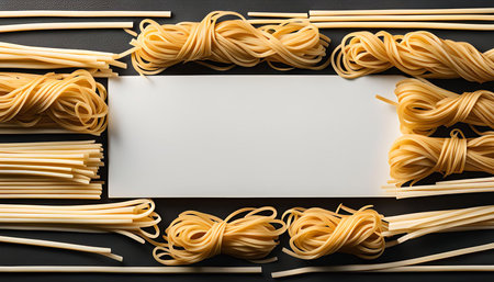 A frame made of dry spaghetti, ready to inspire culinary ideas. A perfect backdrop for a recipe card or a message.の写真素材