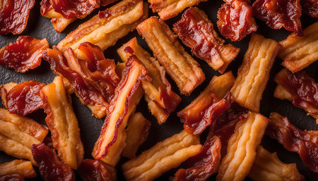 Close-up shot of crispy bacon bites on a black background. The bacon is cooked to perfection, with a crispy texture and a delicious flavor.の写真素材