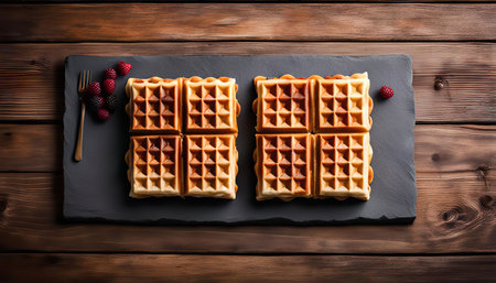 Four delicious waffles on a black slate plate, with a gold fork and raspberries, atop a wooden...