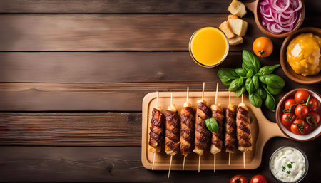 A delicious looking food spread featuring grilled food on wooden skewers, a close-up overhead view.の写真素材