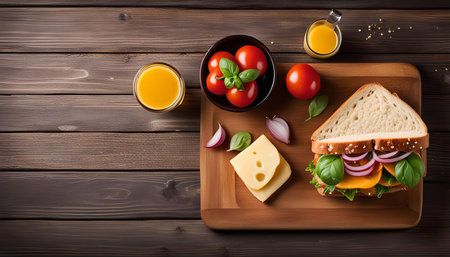 A delicious looking sandwich with tomatoes, cheese, and basil on a wooden board.の写真素材