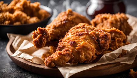 Close up of a plate of crispy fried chicken with a bowl of chicken nuggets in the background. The chicken is golden brown and looks delicious.の写真素材