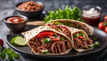 A plate of three delicious tacos with pulled beef, tomato, onion, lettuce, lime, salsa and sour cream on a dark backgroundの写真素材