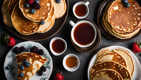A delightful pancake breakfast with berries, syrup, and a cup of tea. A beautiful overhead shot featuring golden-brown pancakes with fruit, arranged on a table top with plates and cups.の写真素材