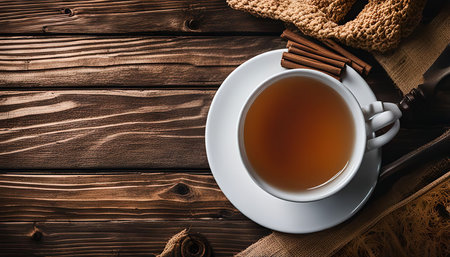 A cup of steaming tea with cinnamon sticks rests on a rustic wooden table, creating a warm and inviting atmosphere.の写真素材