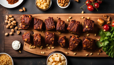 A platter of delicious brownies with pine nuts and herbs, on a wooden board.の写真素材