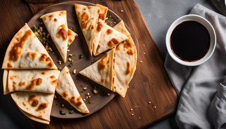 Close-up shot of a plate of golden brown quesadillas, arranged in a circle, on a wooden table. A...