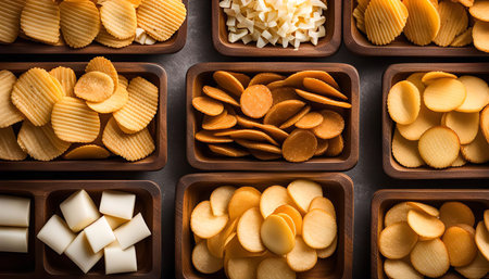 A variety of crackers and chips are arranged in wooden bowls, showing a delightful snacking experience. The crispy textures and savory flavors are captured in this overhead shot.の写真素材