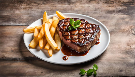A perfectly grilled steak served with a side of crispy French fries on a white plate.の写真素材