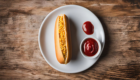 A hot dog with ketchup on a white plate, with a small bowl of ketchup on the side.の写真素材
