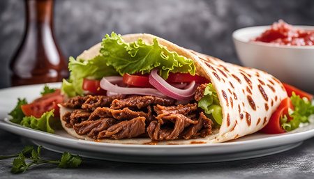 A close-up of a shawarma wrap with delicious pulled meat, fresh lettuce, juicy tomatoes, and red onions in a warm pita bread.の写真素材