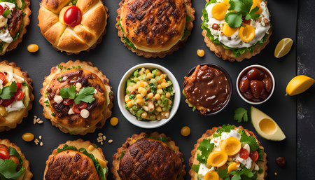 A platter of mini burgers, each topped with delicious ingredients like tomatoes, lettuce, cheese and sauces. Perfect for a casual meal or snack.の写真素材